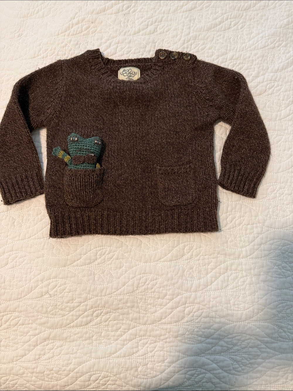 NWOT Elfie London Frog-In-Pocket Jumper Knit Brown Baby Sweater